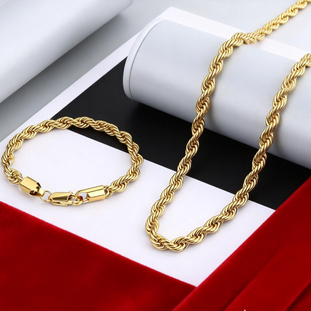 2 قطع الأزياء 18 كيلو الذهب 4  - مراجعة Men Accessories Chain And Bracelet وسعره
